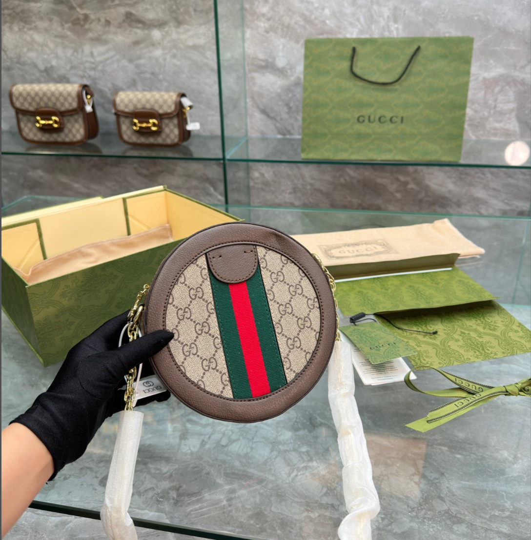 GG OPHIDIA MINI GG ROUND BAG BEIGE AND BROWN 20CM