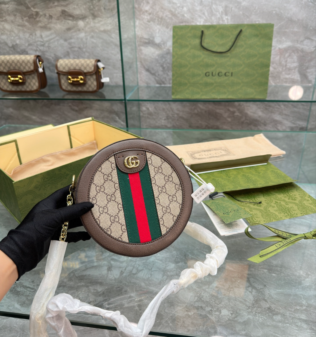 GG OPHIDIA MINI GG ROUND BAG BEIGE AND BROWN 20CM