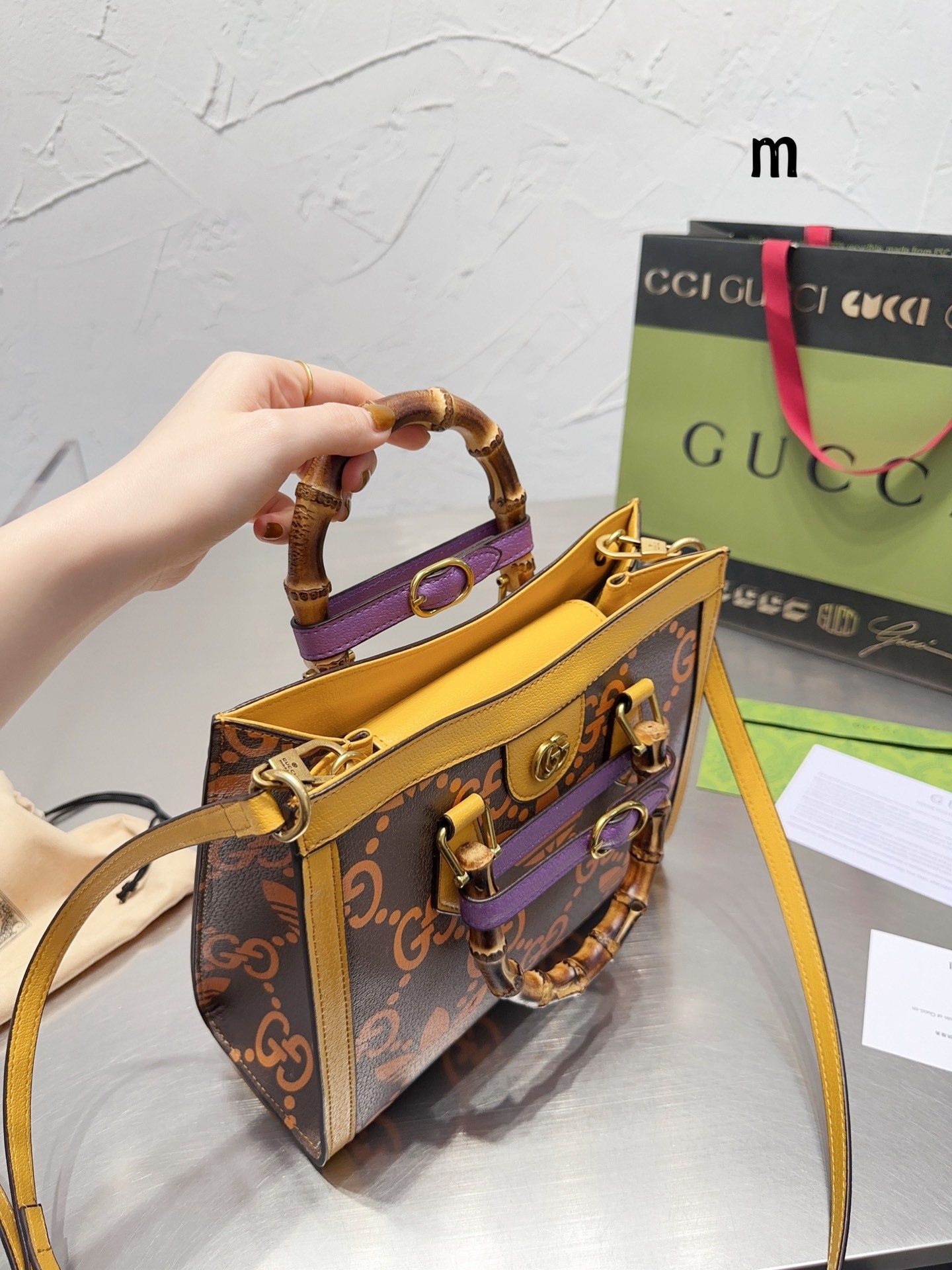 GG X ADIDAS GG DIANA BAMBOO MEDIUM TOTE 27CM BROWN AND YELLOW 678842 AAA8Z 2559