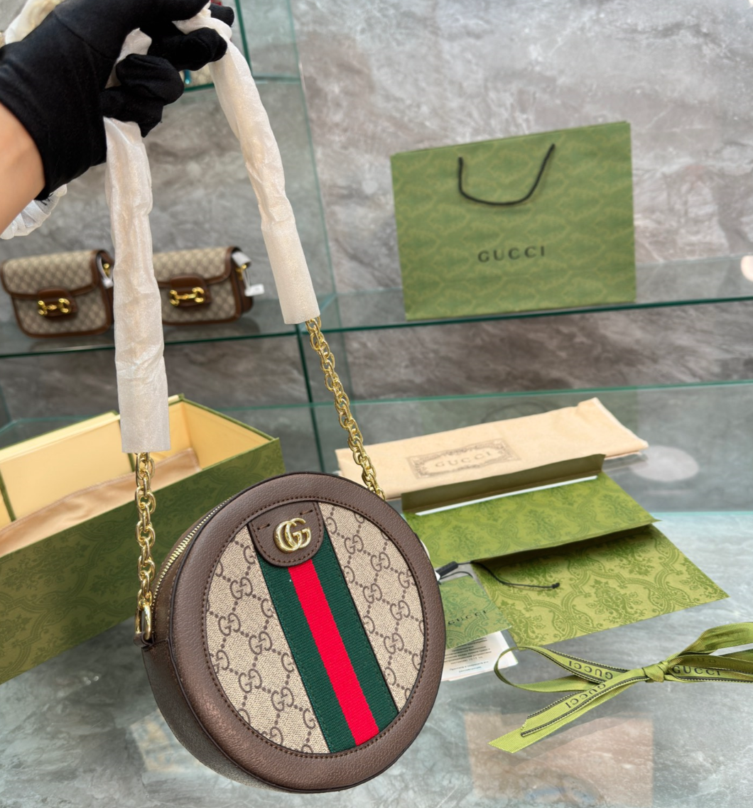 GG OPHIDIA MINI GG ROUND BAG BEIGE AND BROWN 20CM