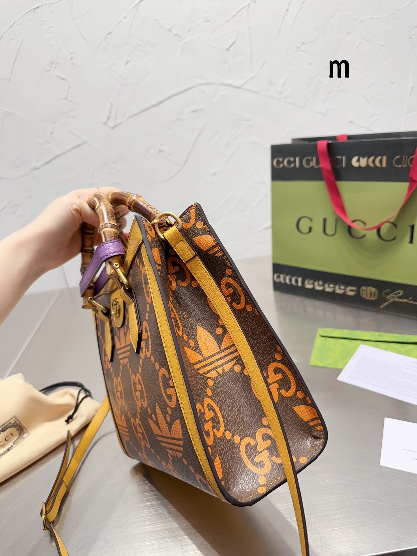 GG X ADIDAS GG DIANA BAMBOO MEDIUM TOTE 27CM BROWN AND YELLOW 678842 AAA8Z 2559