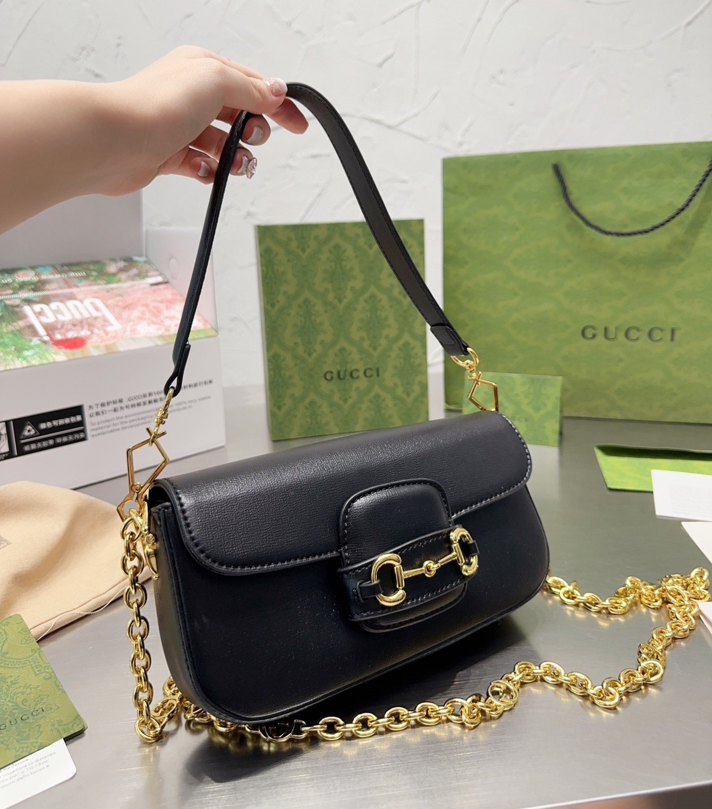 GG HORSEBIT 1955 SHOULDER BAG BLACK 23CM ‎‎735178 1DB0G 1000