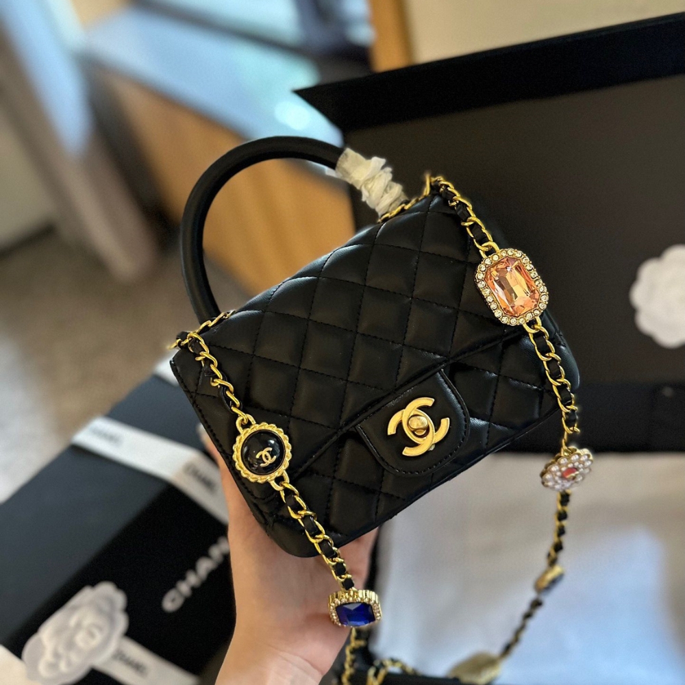 GG MINI FLAP BAG WITH TOP HANDLE BIJOUX CHAIN BLACK 18CM AS4370 B16910 94305
