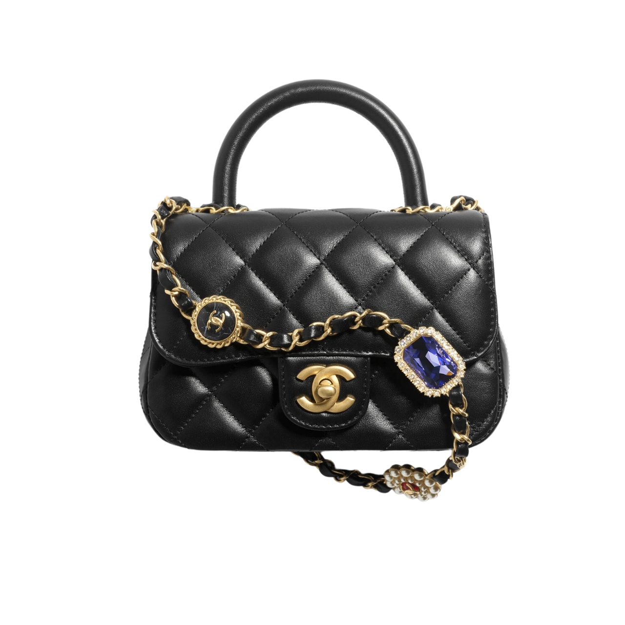 GG MINI FLAP BAG WITH TOP HANDLE BIJOUX CHAIN BLACK 18CM AS4370 B16910 94305