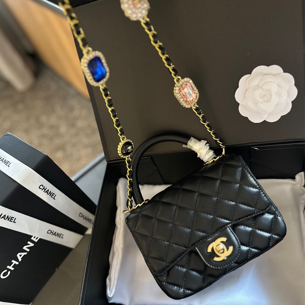 GG MINI FLAP BAG WITH TOP HANDLE BIJOUX CHAIN BLACK 18CM AS4370 B16910 94305