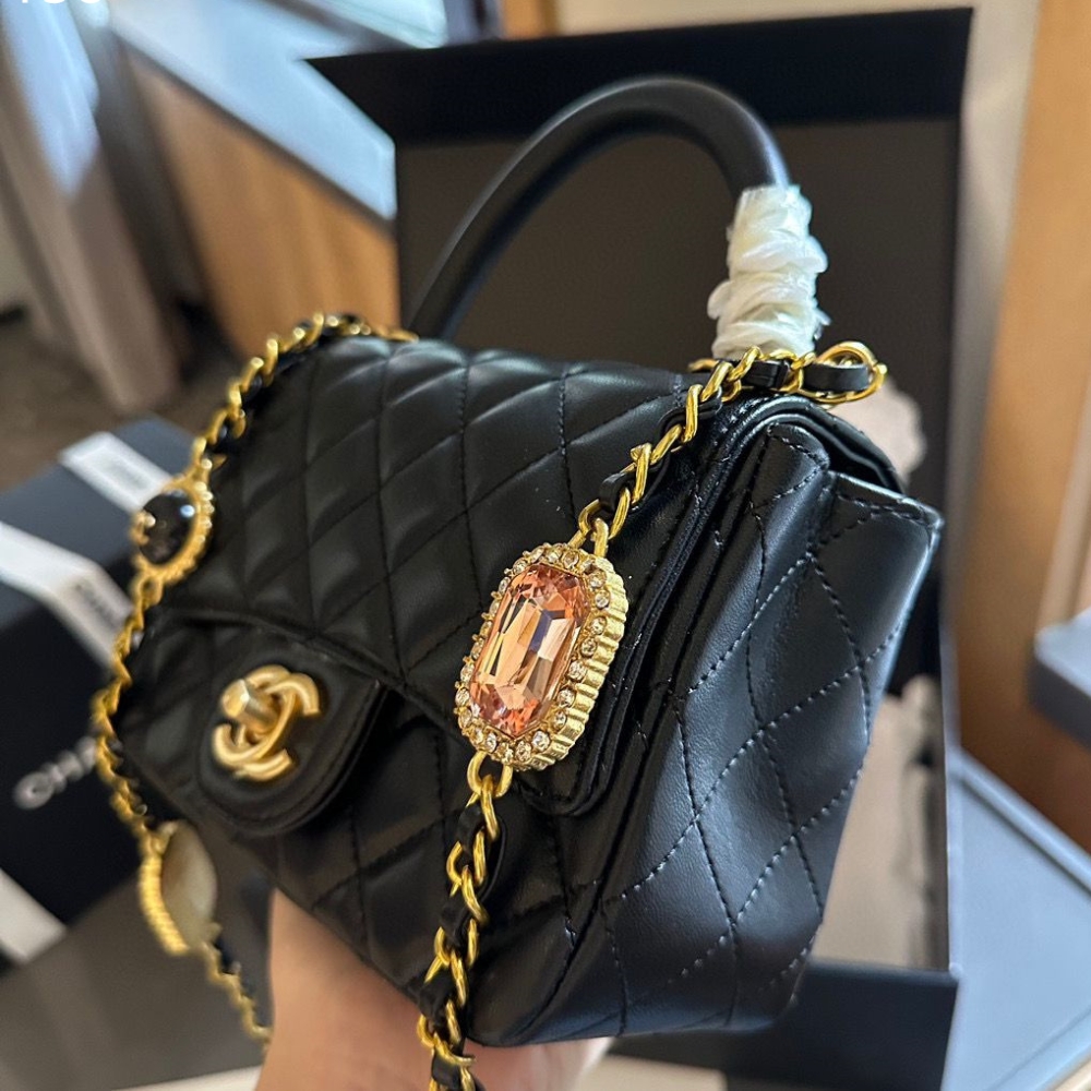 GG MINI FLAP BAG WITH TOP HANDLE BIJOUX CHAIN BLACK 18CM AS4370 B16910 94305