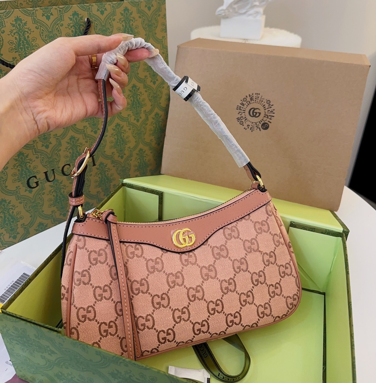 GG OPHIDIA GG SMALL HANDBAG PINK 25CM 735145 FACC5 5748