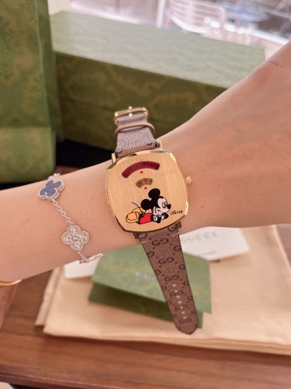 GUCCI X DISNEY MICKEY MOUSE GOLD DIAL WITH LEATHER STRAP WATCH BROWN 38MM YA157420
