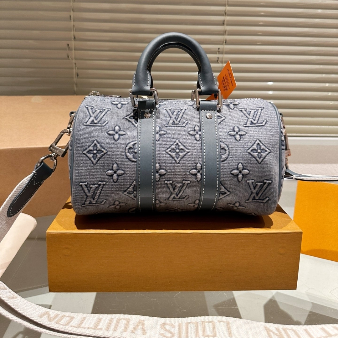 LV KEEPALL BANDOULIÈRE 25 MONOGRAM WASHED DENIM CANVAS 24CM M22762