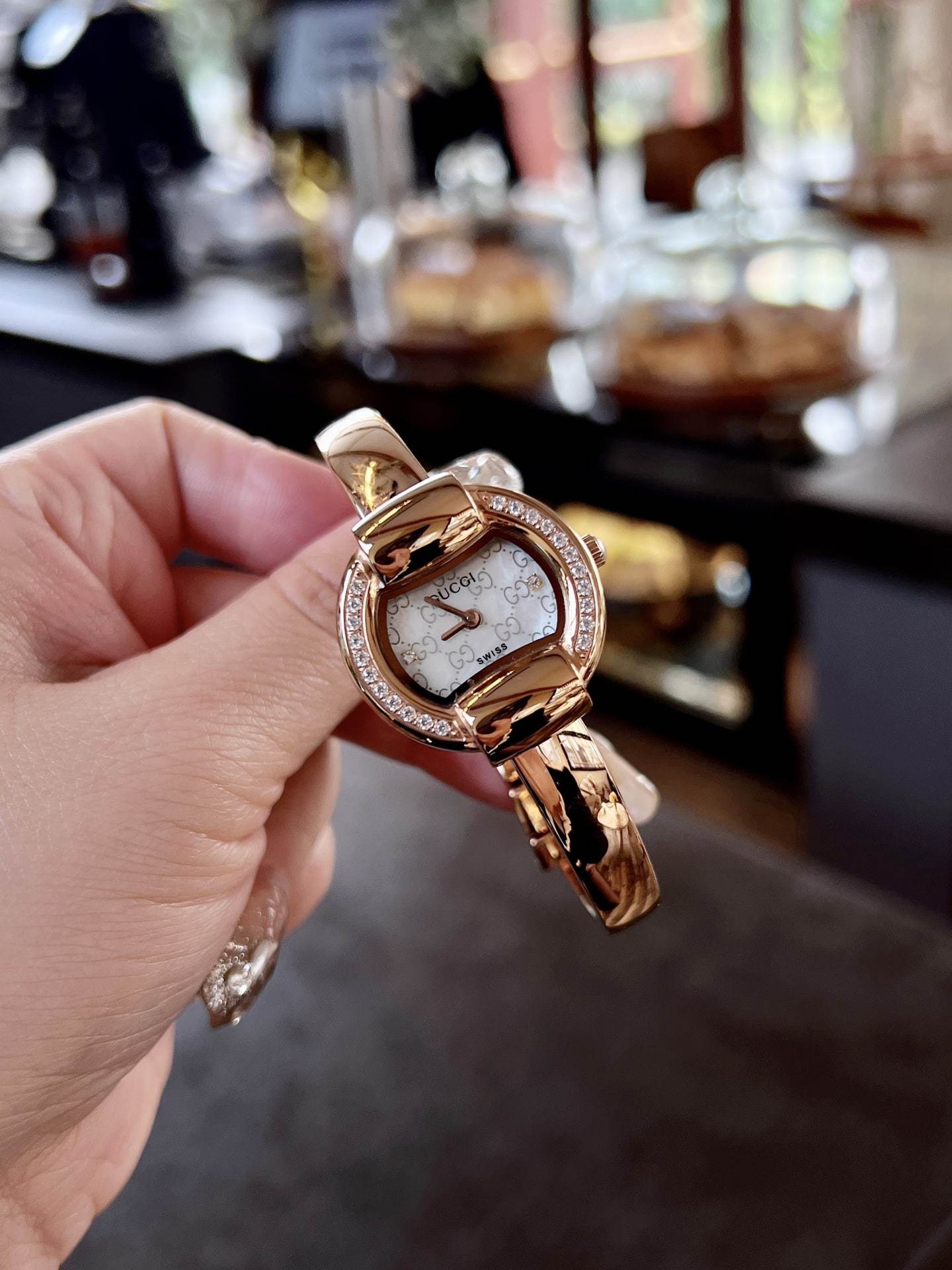 GUCCI GG BANGLE BRACELET 1400L WATCH GOLD WITH DIAMOND WHITE 25MM