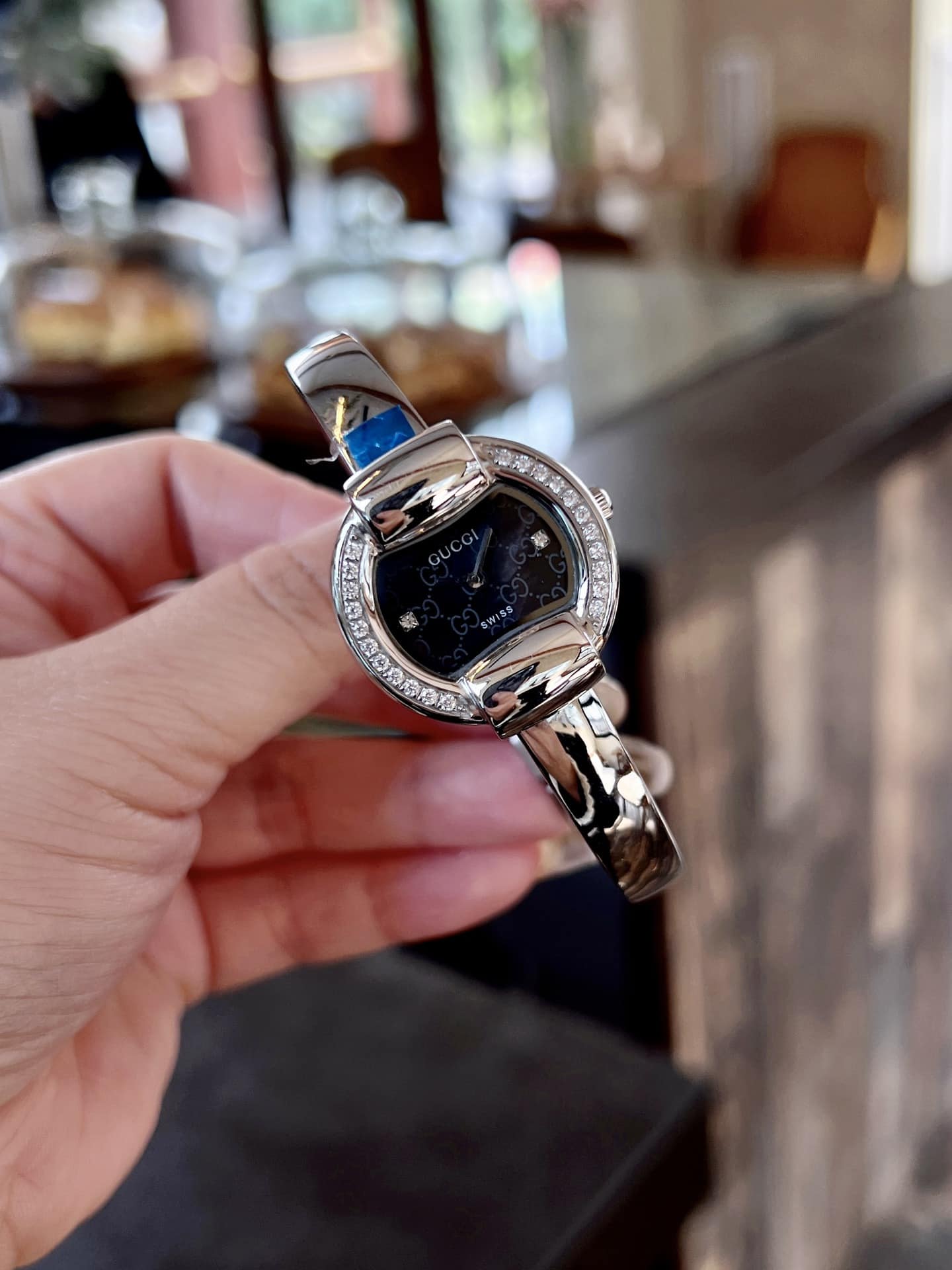 GUCCI GG BANGLE BRACELET WATCH ALLOY WITH DIAMOND BLACK 25MM