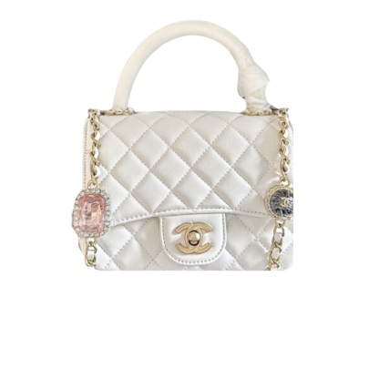GG MINI FLAP BAG WITH TOP HANDLE BIJOUX CHAIN WHITE 18CM