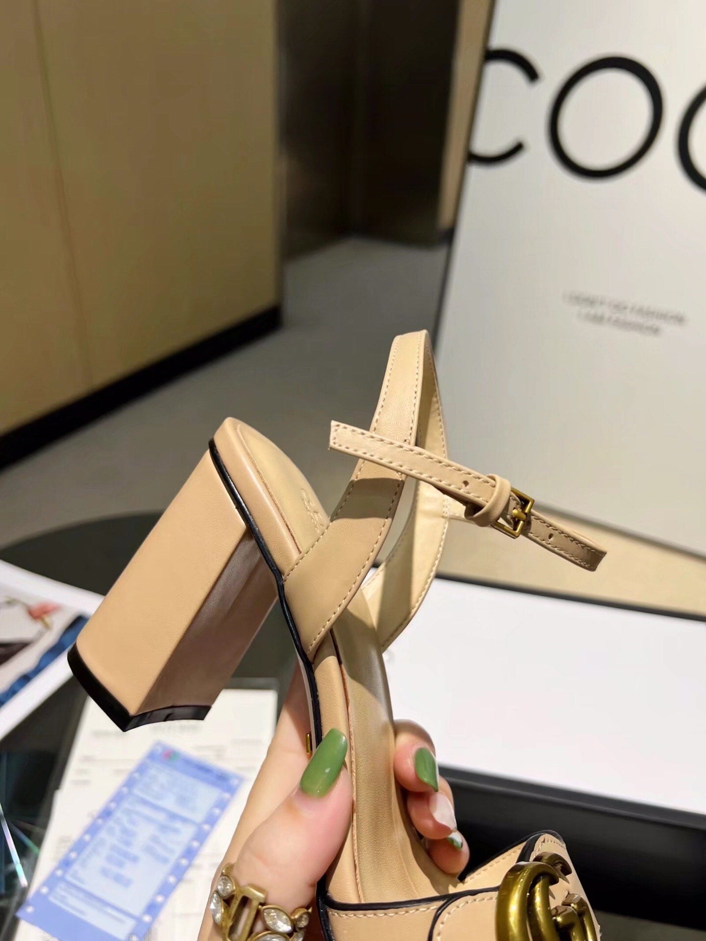 SANDAL GG LEATHER MID HEEL SANDAL BEIGE