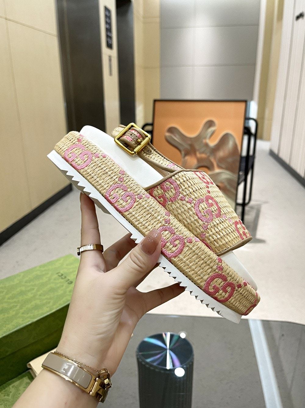 SANDAL GG BEIGE PINK PLATFORM SANDALS