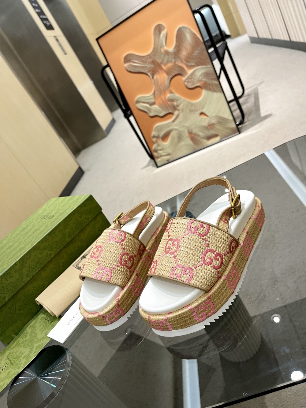 SANDAL GG BEIGE PINK PLATFORM SANDALS