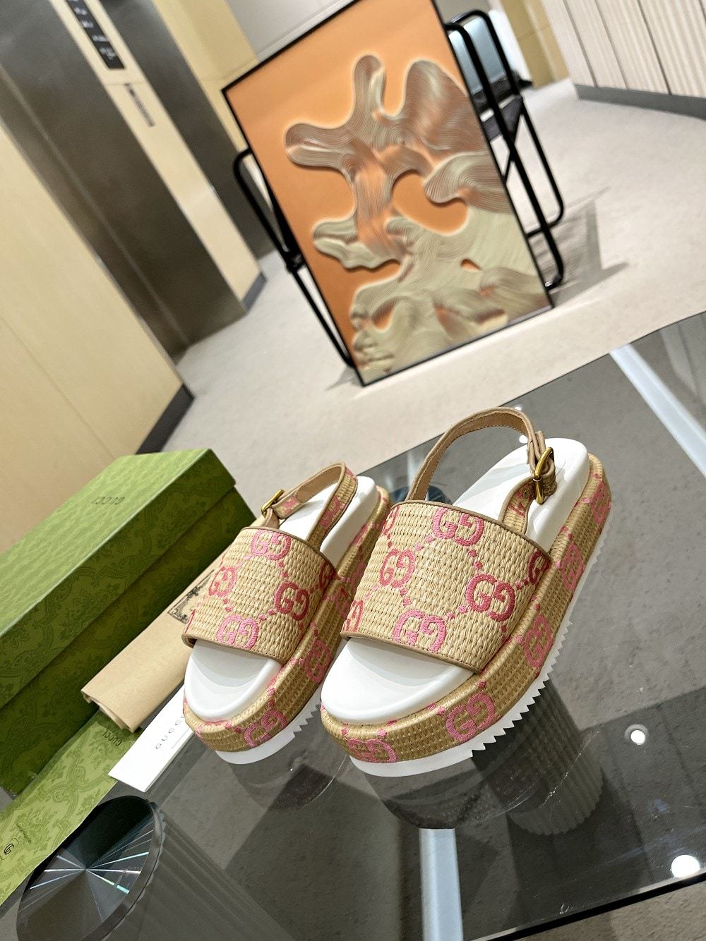 SANDAL GG BEIGE PINK PLATFORM SANDALS