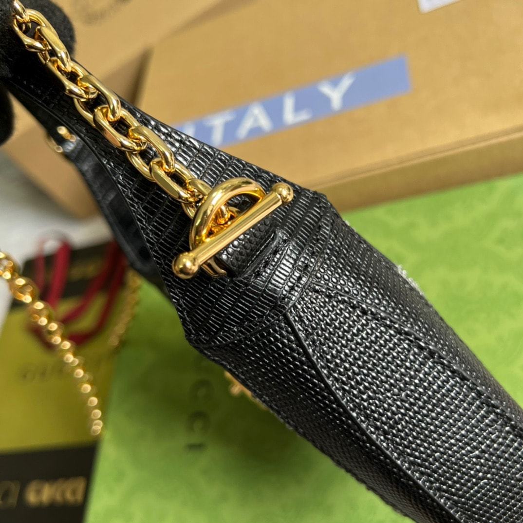 GG JACKIE 1961 MINI CRYSTAL GG LIZARD BAG BLACK 19CM 677027 F13HG 1083