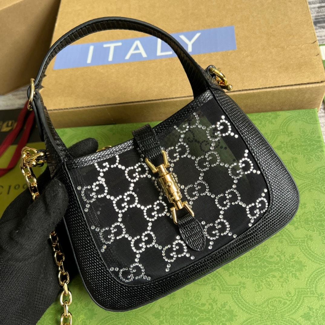 GG JACKIE 1961 MINI CRYSTAL GG LIZARD BAG BLACK 19CM 677027 F13HG 1083