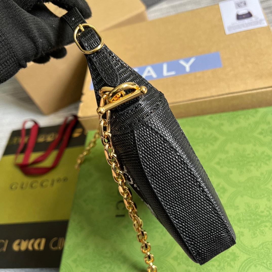 GG JACKIE 1961 MINI CRYSTAL GG LIZARD BAG BLACK 19CM 677027 F13HG 1083