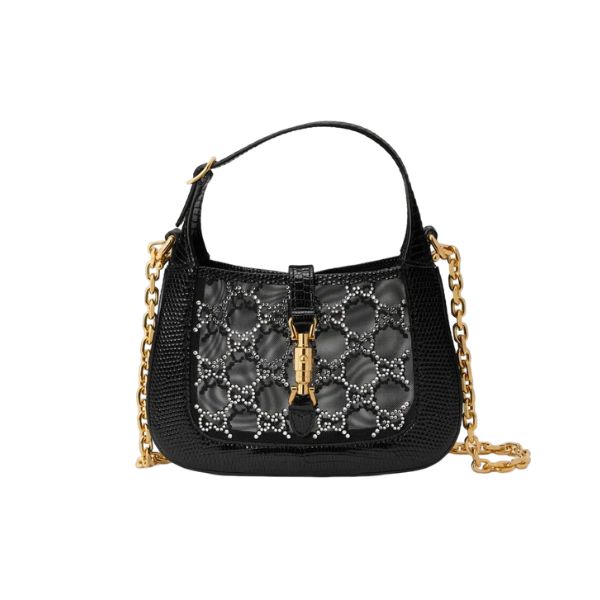 GG JACKIE 1961 MINI CRYSTAL GG LIZARD BAG BLACK 19CM 677027 F13HG 1083