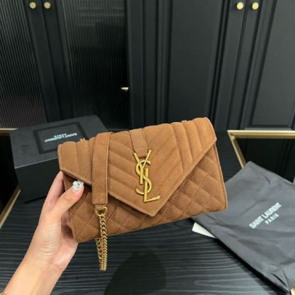 YSL ENVELOPE MEDIUM CHAIN BAG BROWN 21CM