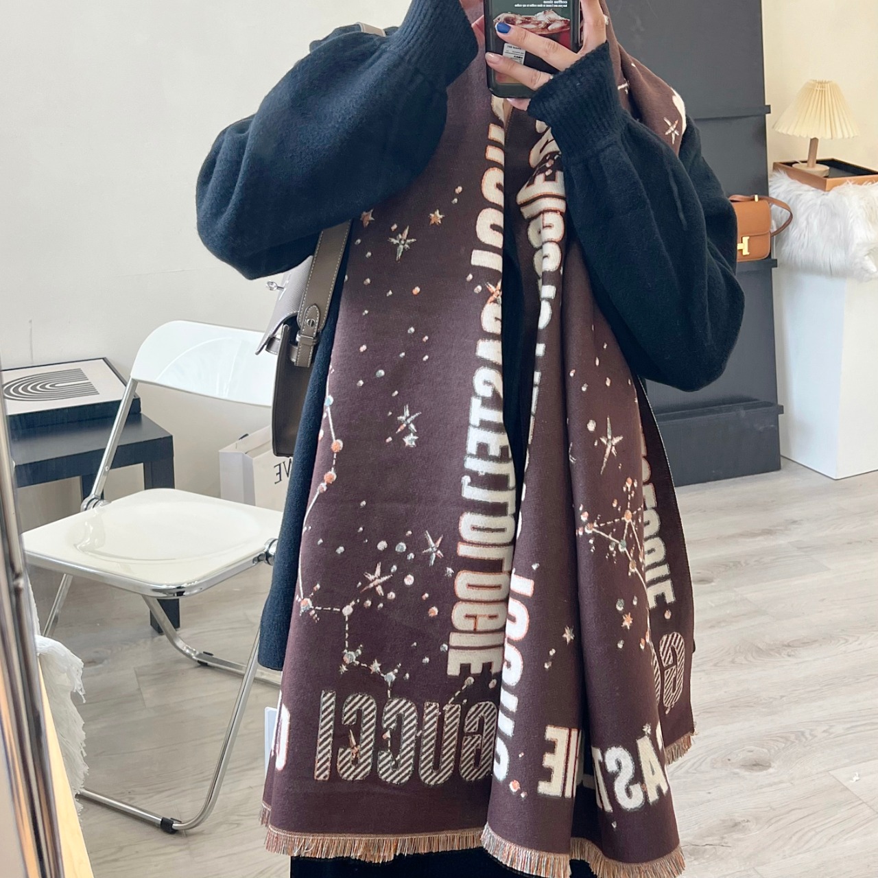 GG CASHMERE STAR JACQUARD SCARF BROWN