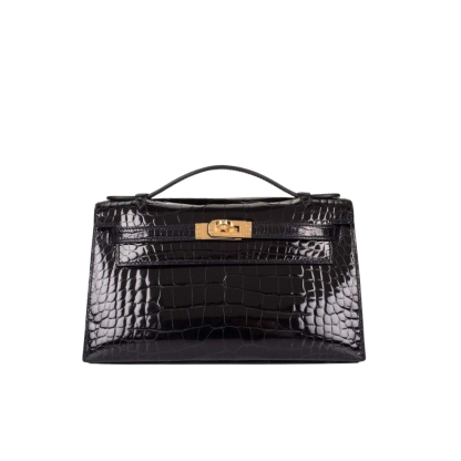 HM MINI KELLY POCHETTE CROCODILE GOLD TONED HARDWARE BLACK 22CM