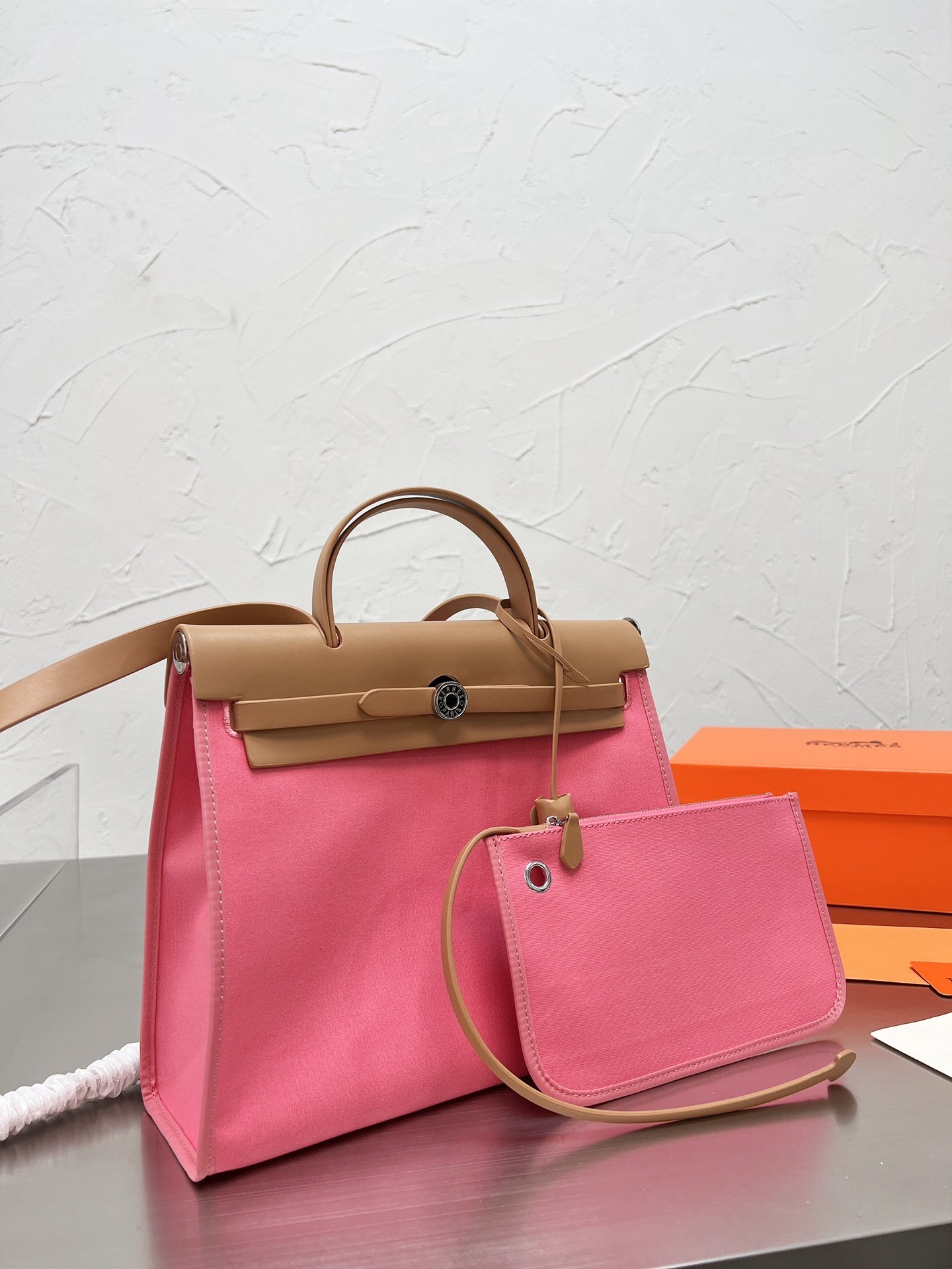 HERMÈS VACHE HUNTER TOILE HERBAG ZIP 31 PM ROSE AZALEE 31CM