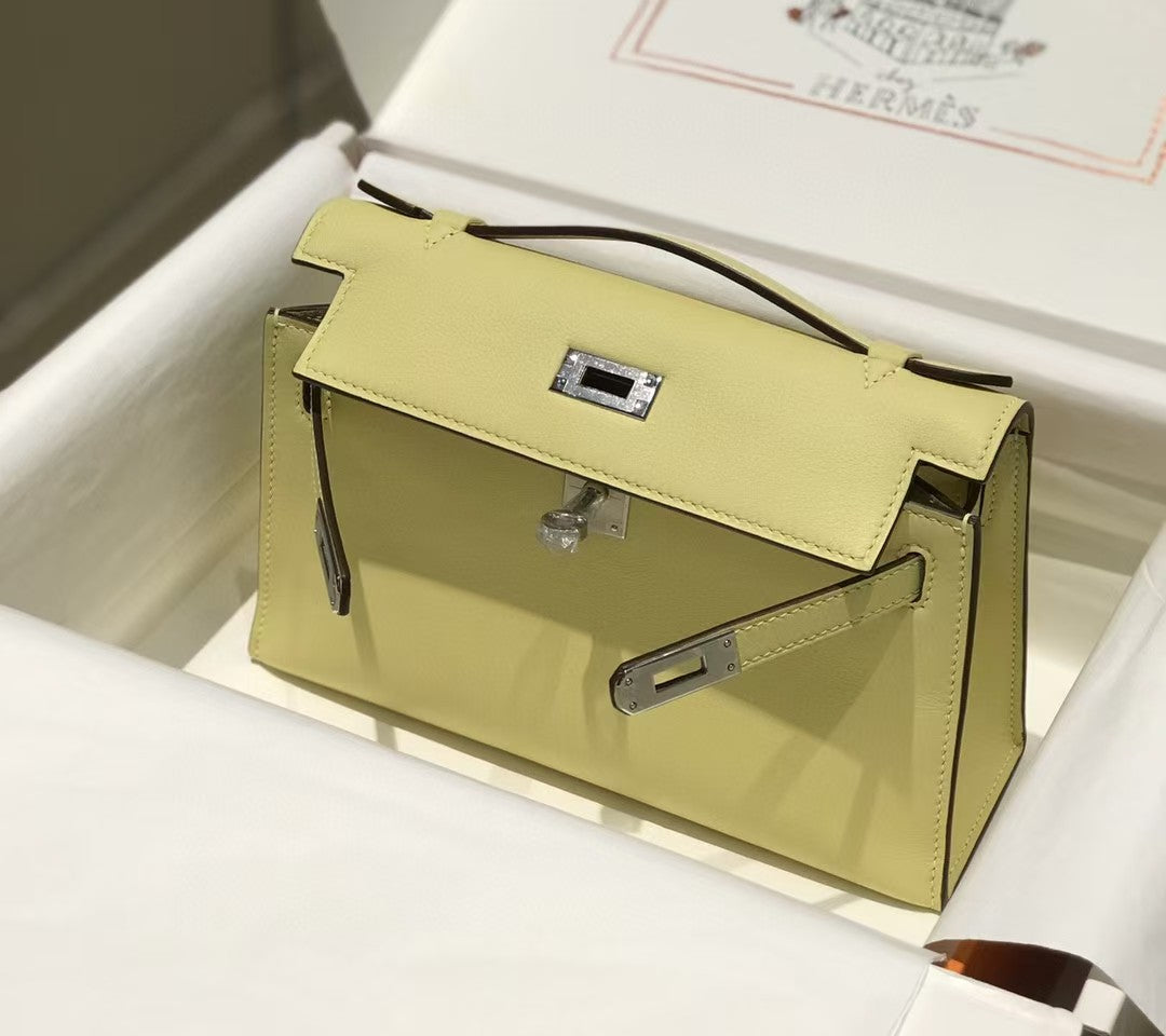 Kelly Pochette 22 Bag Yellow Silver Calfskin
