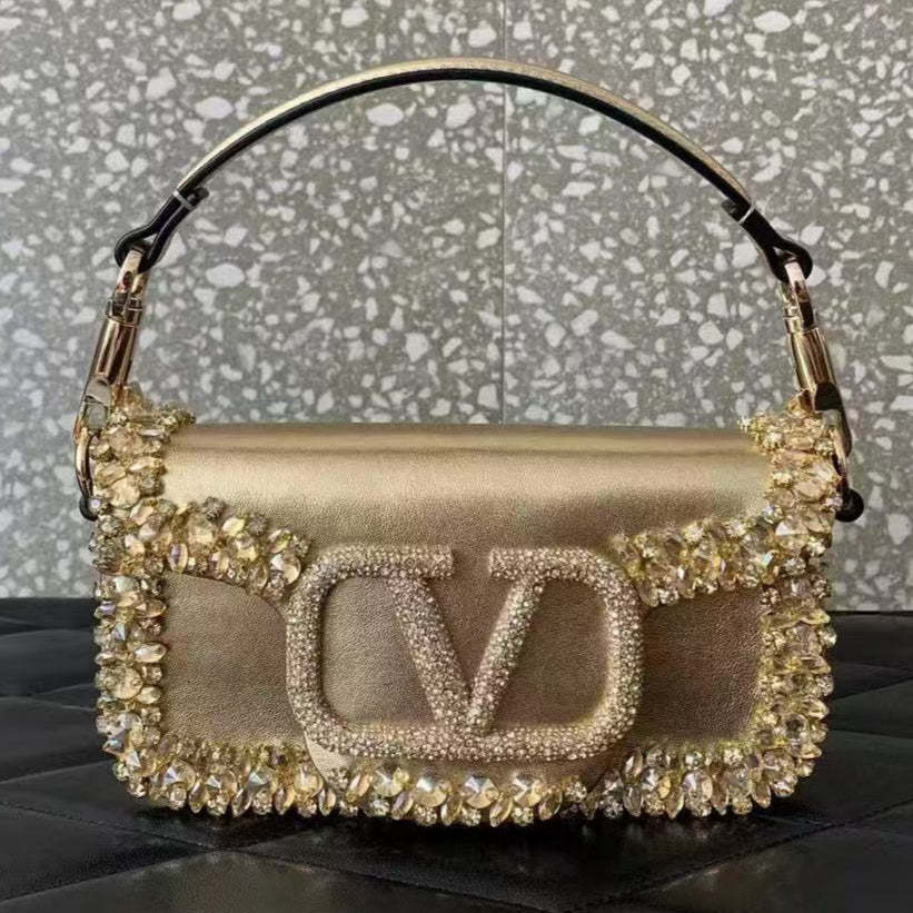 Valentino Loco Embroidered Handbag Gold Leather