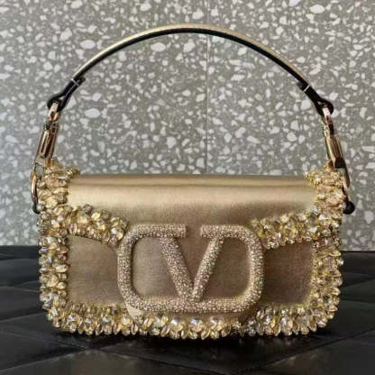 Valentino Loco Embroidered Handbag Gold Leather