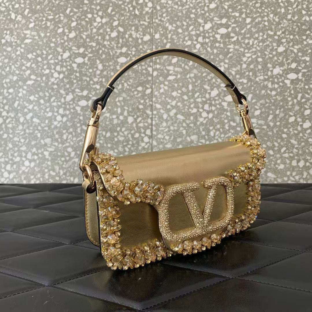 Valentino Loco Embroidered Handbag Gold Leather