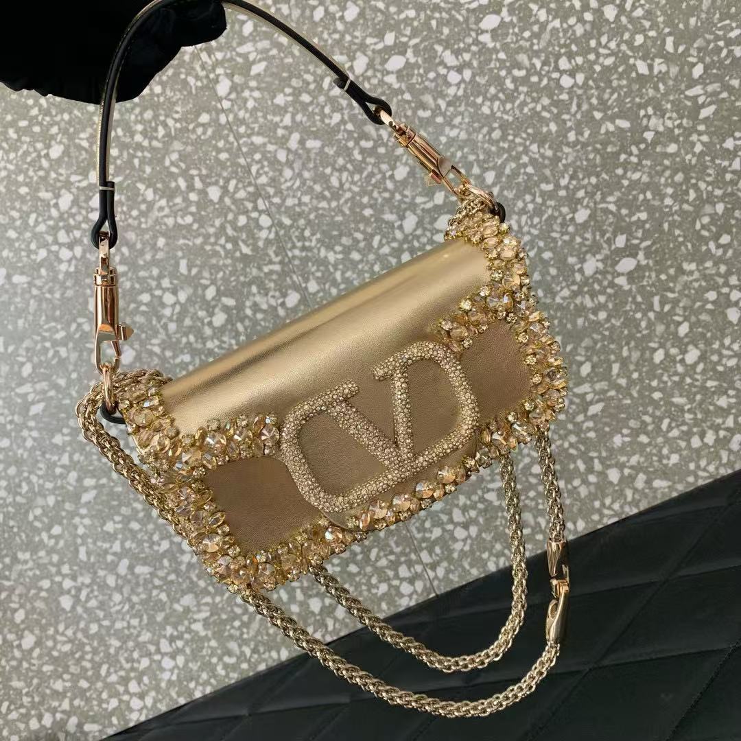 Valentino Loco Embroidered Handbag Gold Leather
