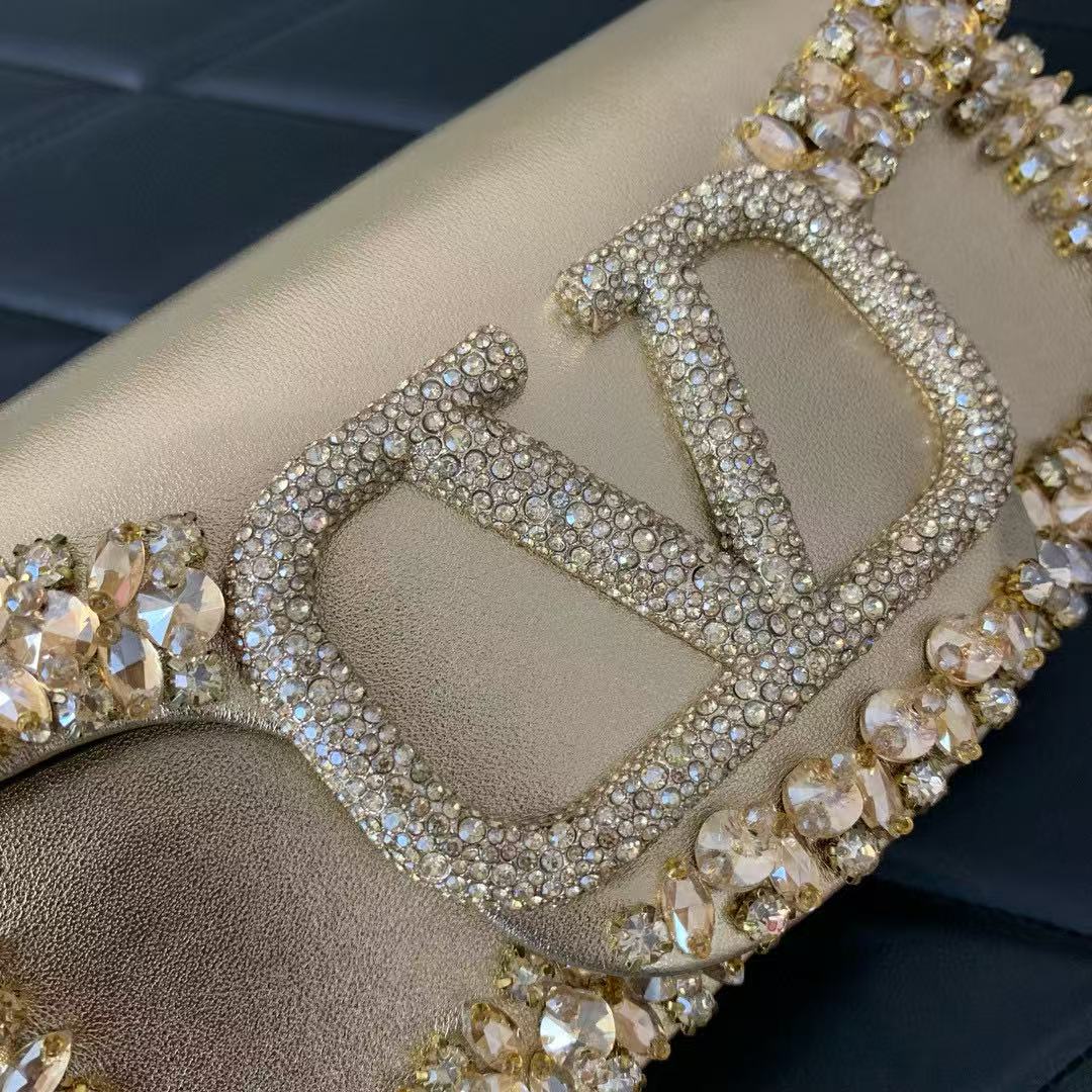 Valentino Loco Embroidered Handbag Gold Leather