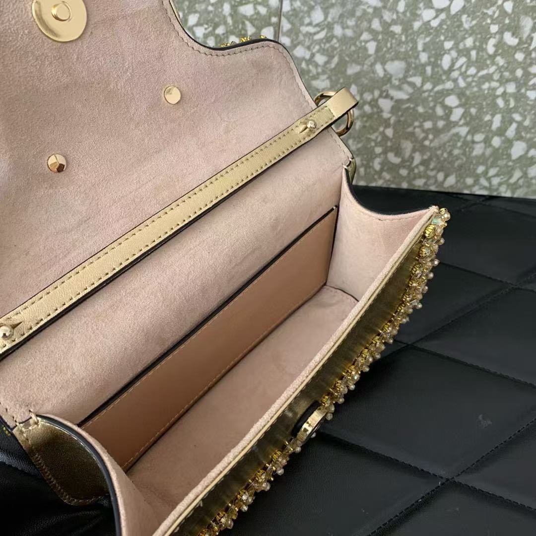 Valentino Loco Embroidered Handbag Gold Leather