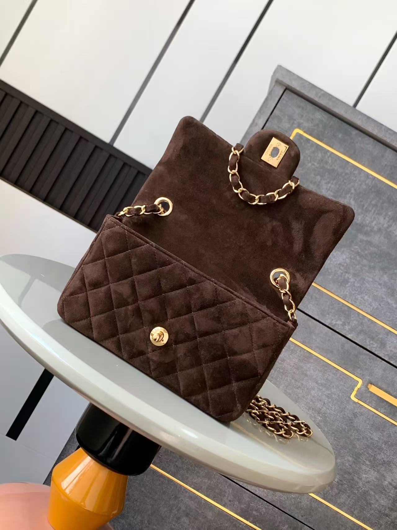Chanel 25 Flap Bag Dark Brown Gold Suede Leather