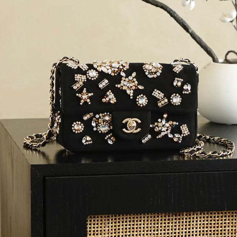 CC 25 Mini Classic Flap Bag 20cm Black Velvet Strass Gold Hardware
