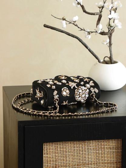 CC 25 Mini Classic Flap Bag 20cm Black Velvet Strass Gold Hardware