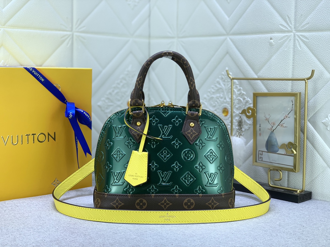 LV ALMA BB MONOGRAM VERNIS DEEP GREEN 25CM