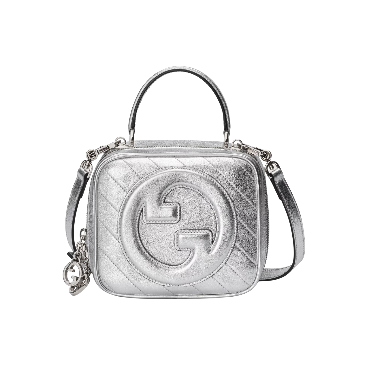 GG BLONDIE SMALL TOP HANDLE BAG SILVER LEATHER 17CM 744434 AACBO 8106