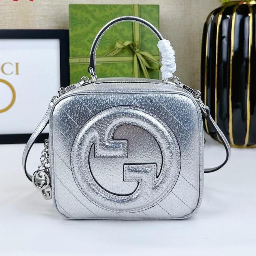 GG BLONDIE SMALL TOP HANDLE BAG SILVER LEATHER 17CM 744434 AACBO 8106