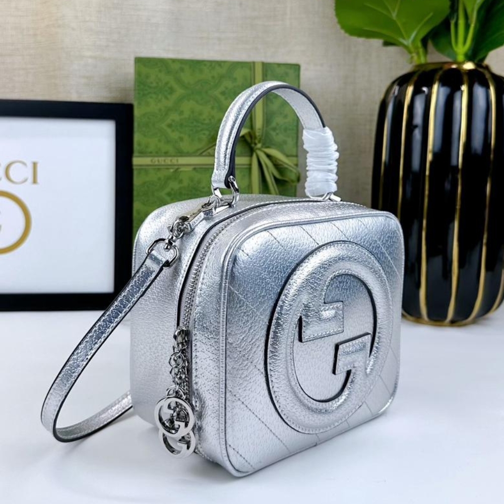 GG BLONDIE SMALL TOP HANDLE BAG SILVER LEATHER 17CM 744434 AACBO 8106