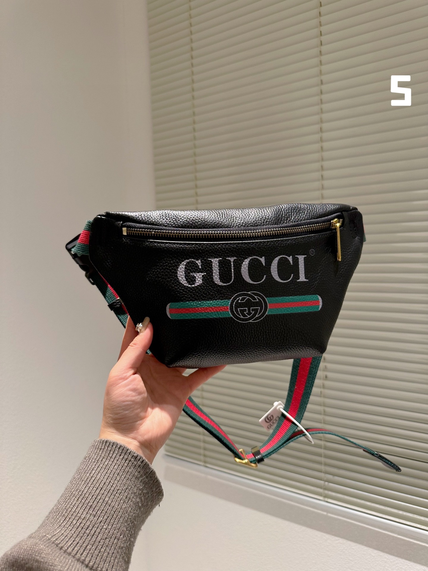 GG PRINT LEATHER BELT BAG BLACK 30CM ‎‎527792 0GCCT 8164