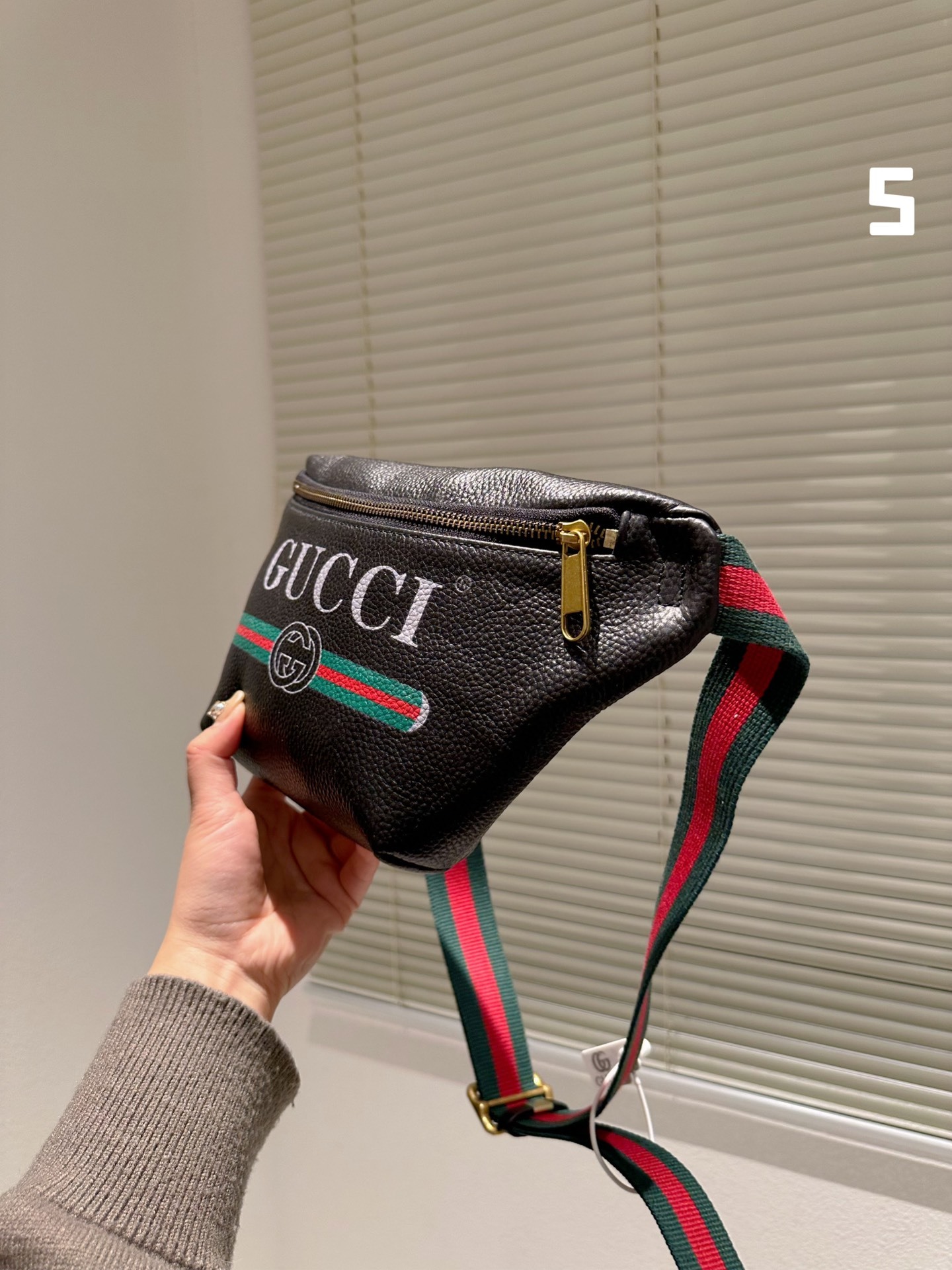 GG PRINT LEATHER BELT BAG BLACK 30CM ‎‎527792 0GCCT 8164