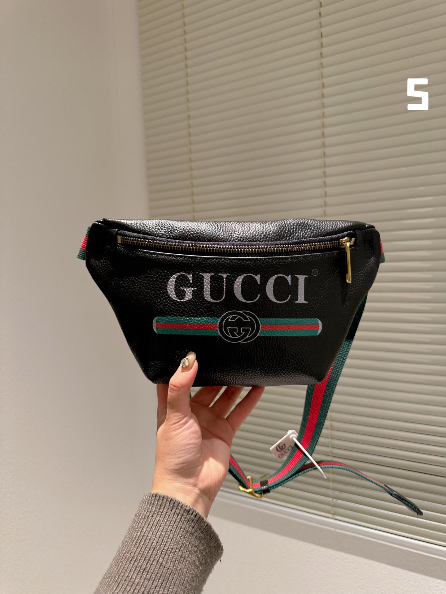 GG PRINT LEATHER BELT BAG BLACK 30CM ‎‎527792 0GCCT 8164