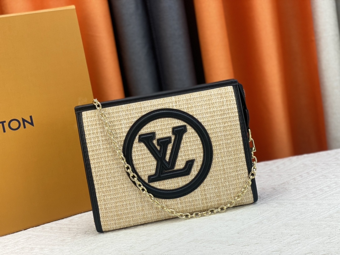 LV NATURAL RAFFIA TOILETRY POUCH ON CHAIN BLACK 17CM M81366