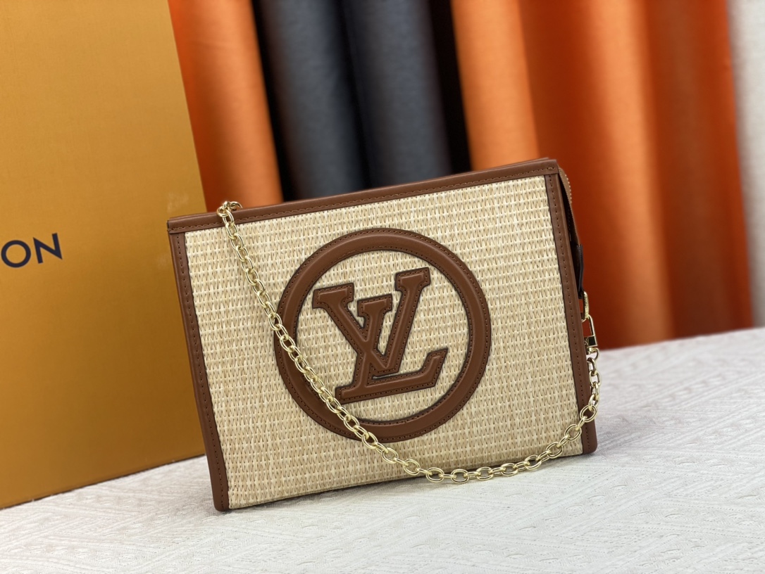 LV NATURAL RAFFIA TOILETRY POUCH ON CHAIN BROWN 17CM