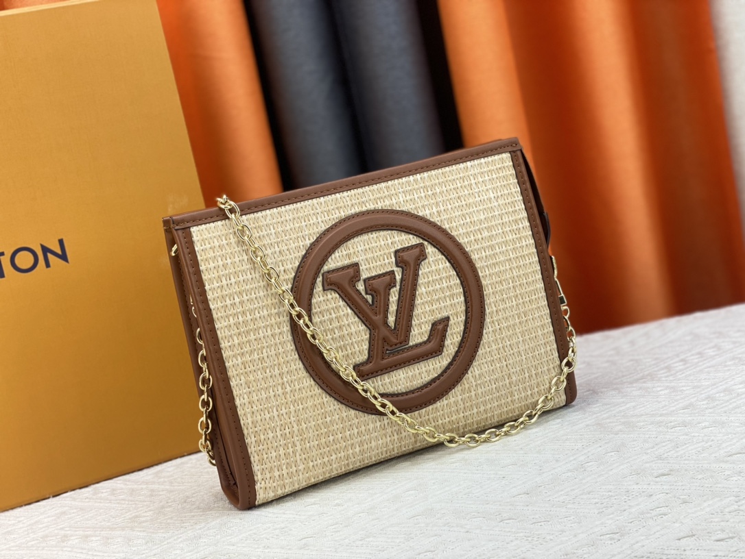 LV NATURAL RAFFIA TOILETRY POUCH ON CHAIN BROWN 17CM