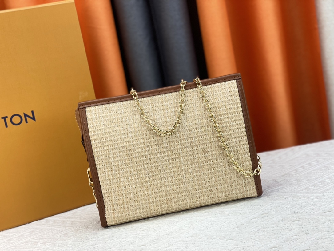 LV NATURAL RAFFIA TOILETRY POUCH ON CHAIN BROWN 17CM