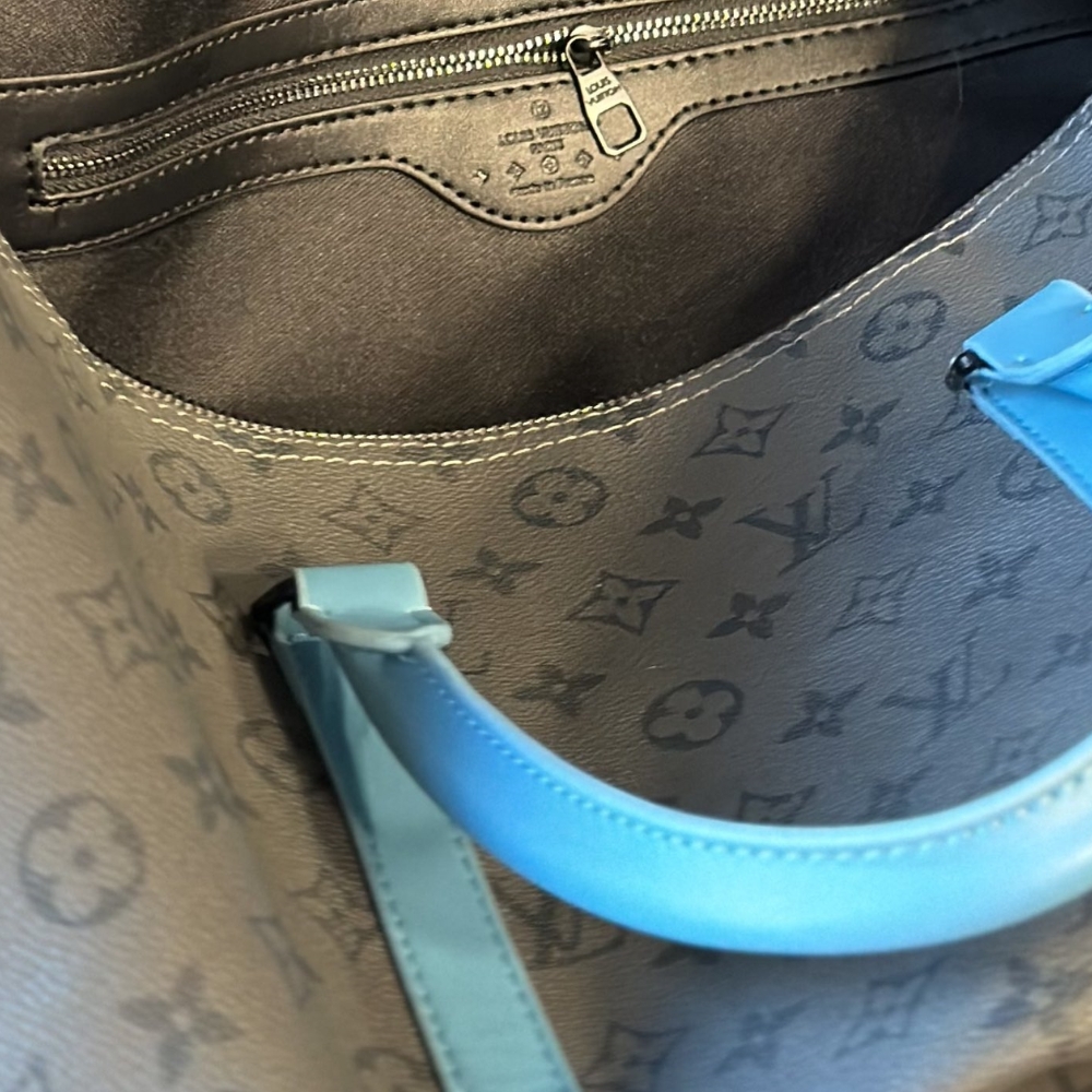 LV KEEPALL BANDOULIÈRE 45 MONOGRAM ECLIPSE REVERSE COATED CANVAS TURQUOISE 45CM M11481